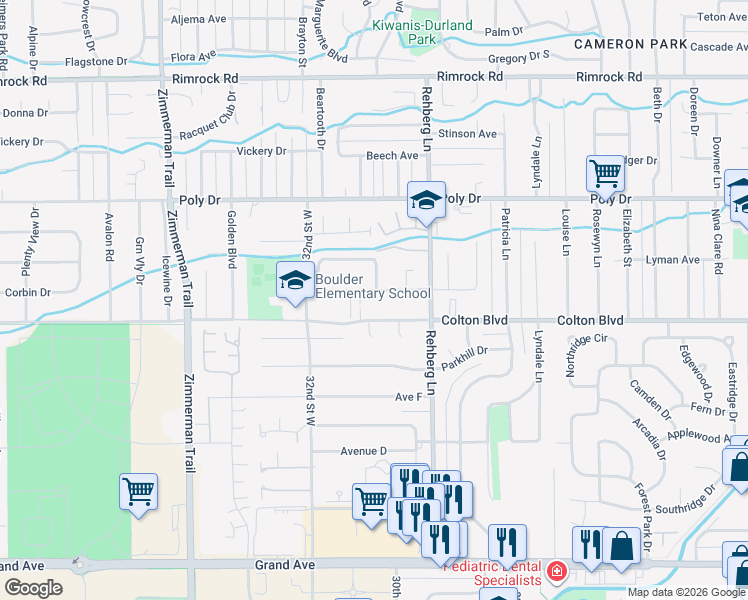 map of restaurants, bars, coffee shops, grocery stores, and more near 3042 Boulder Avenue in Billings