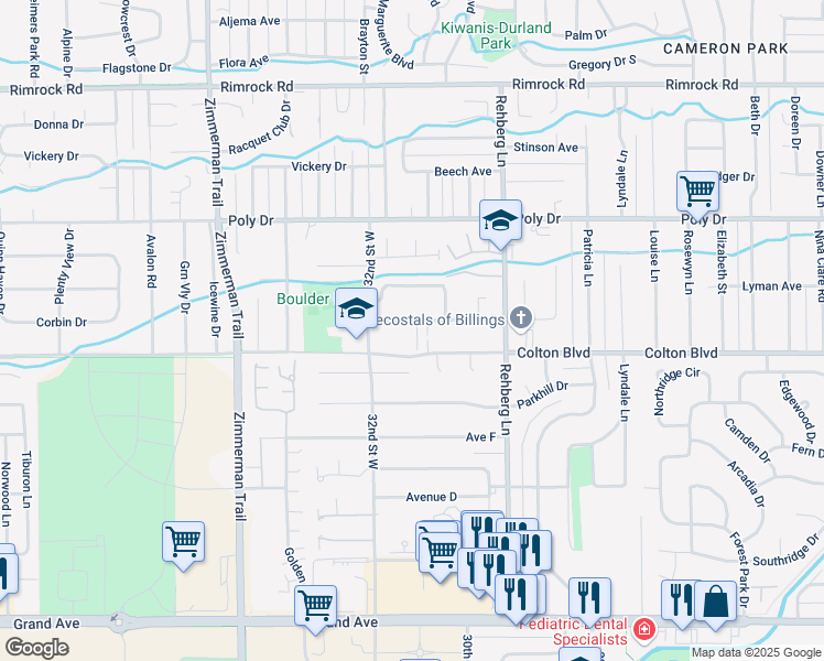 map of restaurants, bars, coffee shops, grocery stores, and more near 3116 Boulder Avenue in Billings