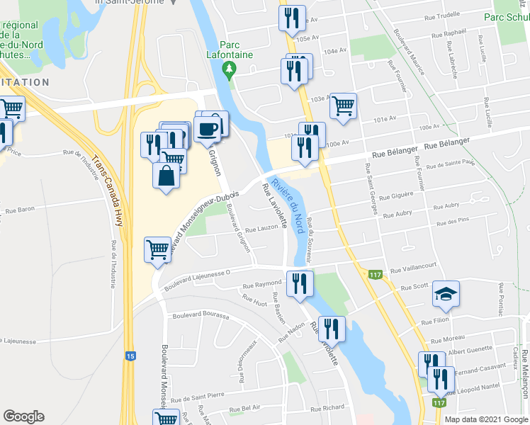 map of restaurants, bars, coffee shops, grocery stores, and more near 24 Rue des Cèdres in Saint-Jérôme