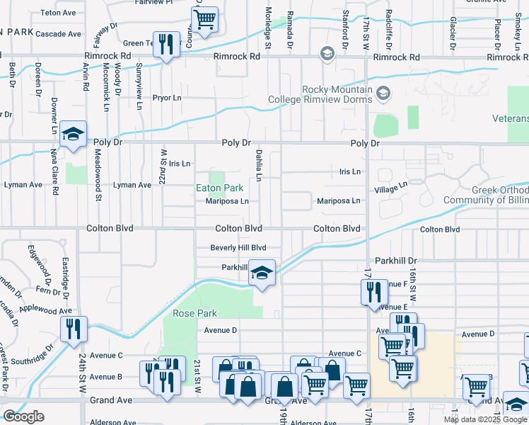 map of restaurants, bars, coffee shops, grocery stores, and more near 2115 Dahlia Lane in Billings