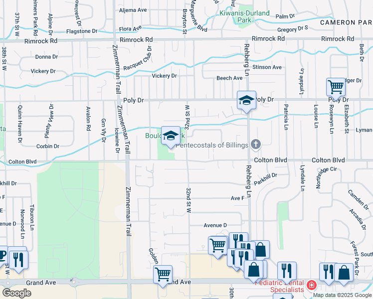 map of restaurants, bars, coffee shops, grocery stores, and more near 2202 32nd Street West in Billings