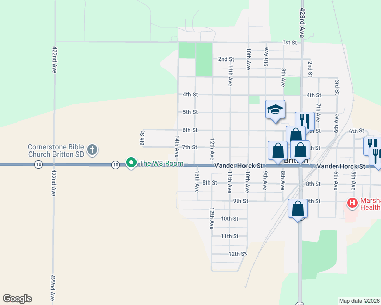 map of restaurants, bars, coffee shops, grocery stores, and more near 700-708 13th Avenue in Britton