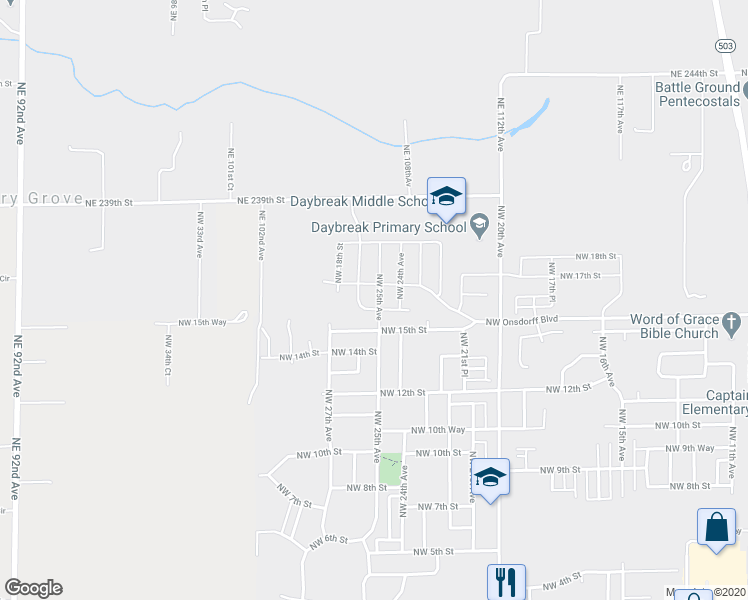 map of restaurants, bars, coffee shops, grocery stores, and more near 1524 Northwest 25th Avenue in Battle Ground