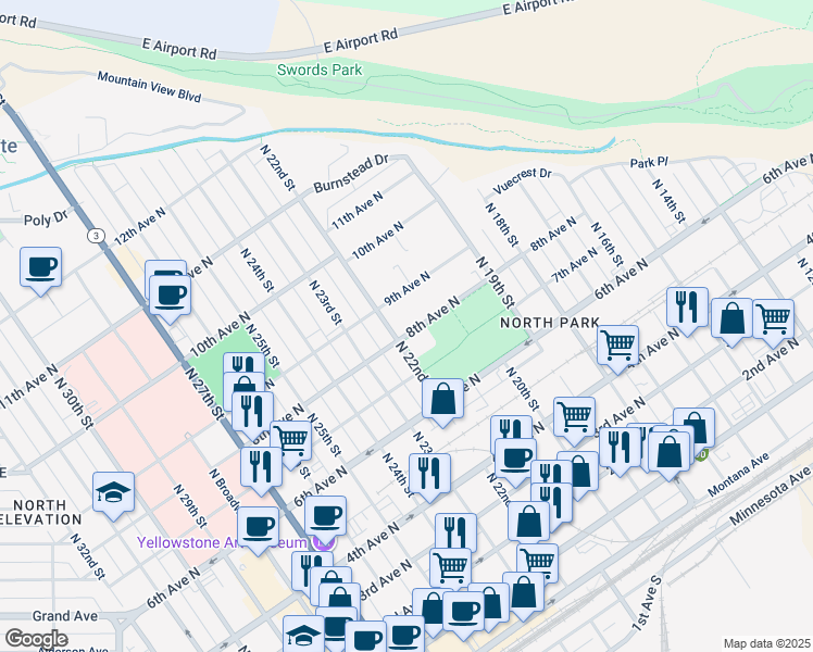 map of restaurants, bars, coffee shops, grocery stores, and more near 2121 8th Ave N in Billings