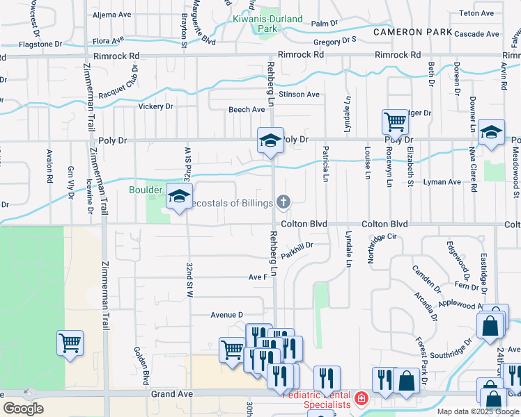 map of restaurants, bars, coffee shops, grocery stores, and more near 3016 Boulder Avenue in Billings