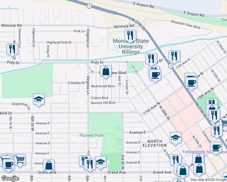 map of restaurants, bars, coffee shops, grocery stores, and more near 2212 Elm Street in Billings