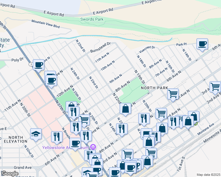 map of restaurants, bars, coffee shops, grocery stores, and more near 2121 8th Avenue North in Billings