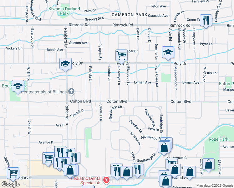 map of restaurants, bars, coffee shops, grocery stores, and more near 2120 Rosewyn Lane in Billings
