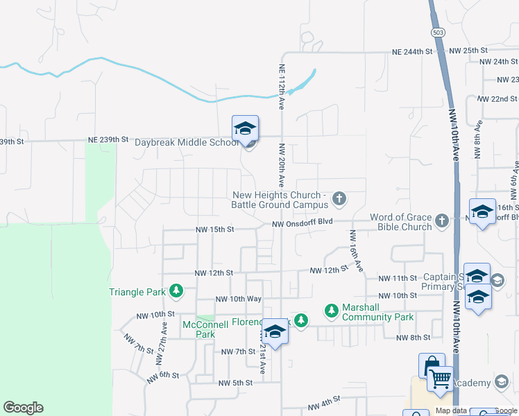 map of restaurants, bars, coffee shops, grocery stores, and more near 1519 Northwest 21st Place in Battle Ground