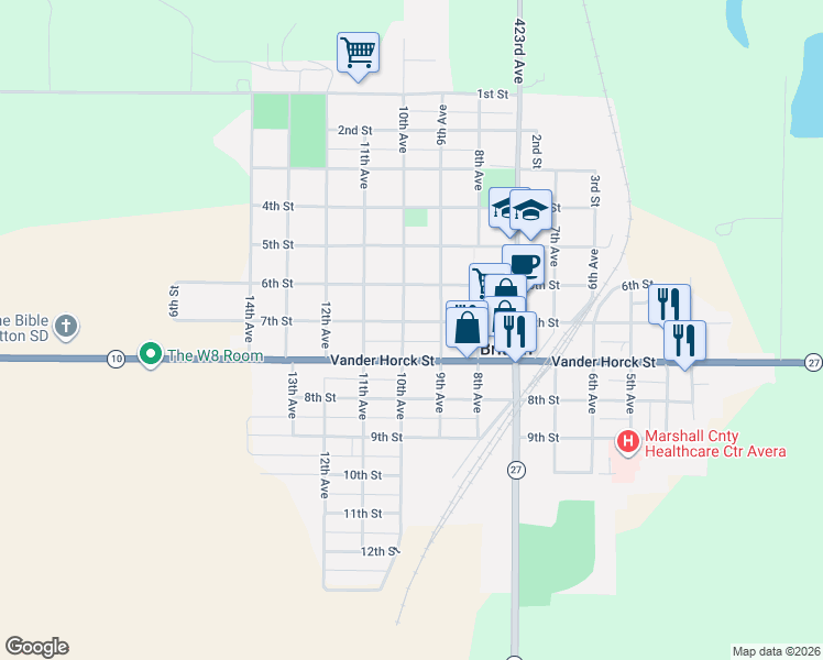 map of restaurants, bars, coffee shops, grocery stores, and more near 700-798 10th Ave in Britton