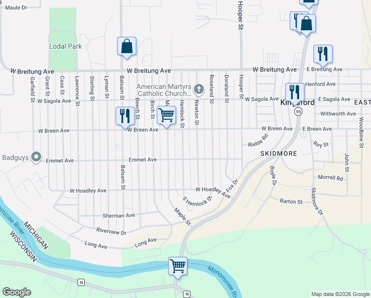 map of restaurants, bars, coffee shops, grocery stores, and more near 301-399 Hemlock Street in Kingsford