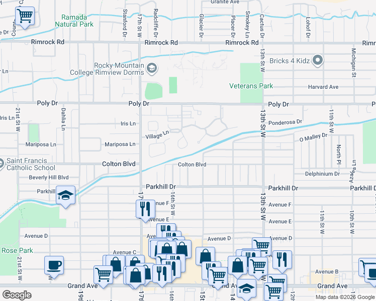 map of restaurants, bars, coffee shops, grocery stores, and more near 44 Shadow Pl in Billings