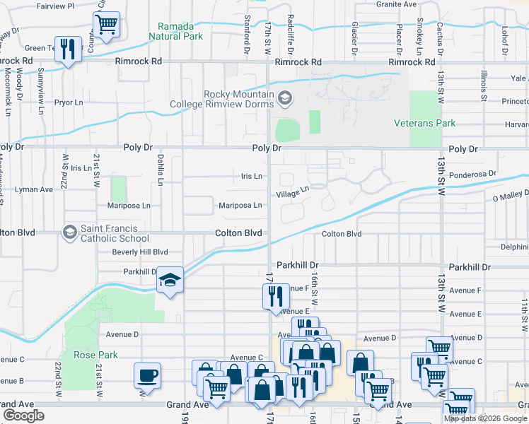 map of restaurants, bars, coffee shops, grocery stores, and more near 1710 Mariposa Ln in Billings
