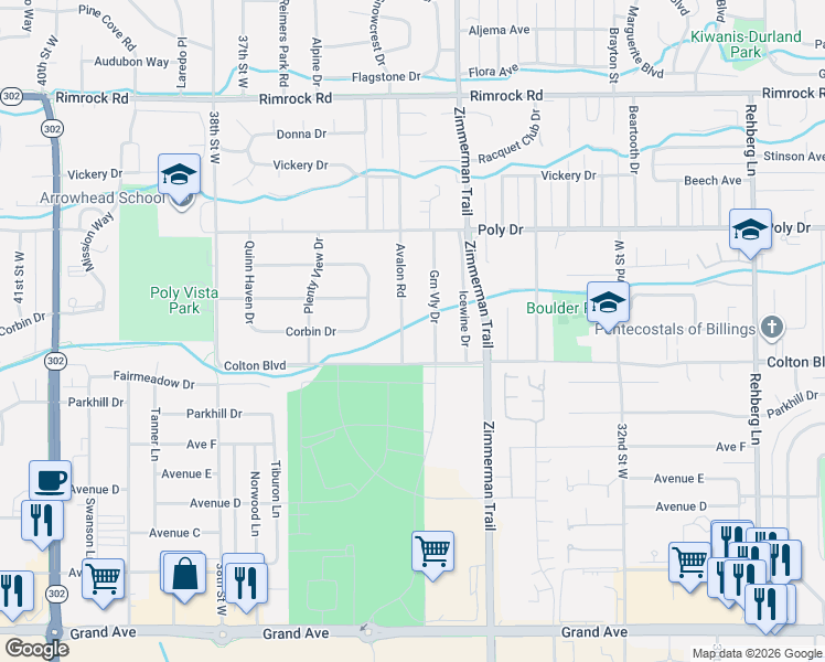 map of restaurants, bars, coffee shops, grocery stores, and more near 2116 Green Valley Drive in Billings