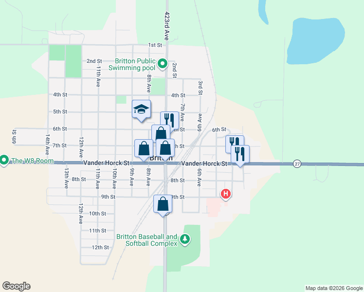 map of restaurants, bars, coffee shops, grocery stores, and more near 7th Ave in Britton