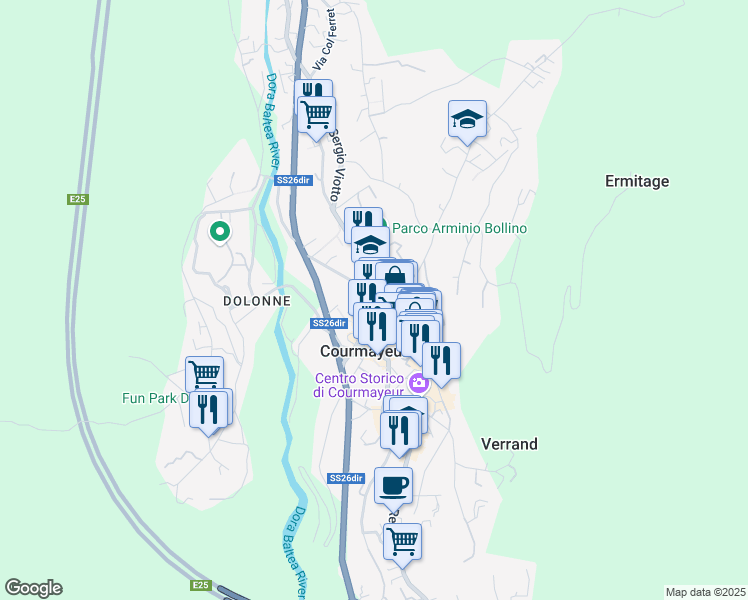 map of restaurants, bars, coffee shops, grocery stores, and more near 106 Via Circonvallazione in Courmayeur