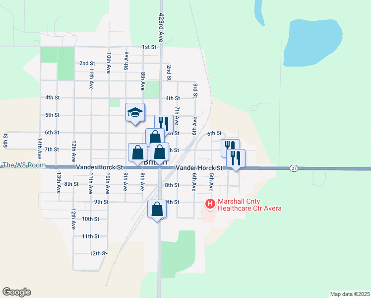 map of restaurants, bars, coffee shops, grocery stores, and more near 6th Avenue in Britton