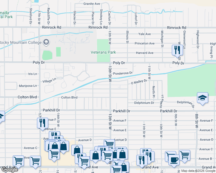 map of restaurants, bars, coffee shops, grocery stores, and more near 2106 13th Street West in Billings