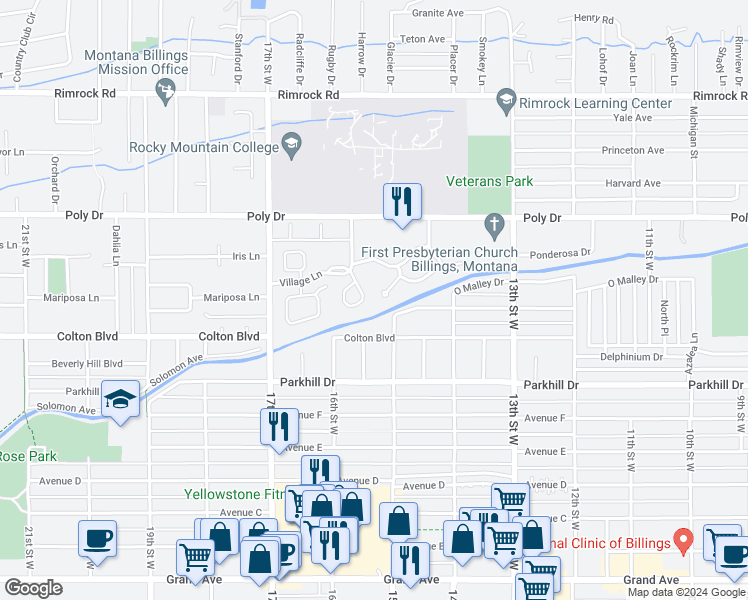 map of restaurants, bars, coffee shops, grocery stores, and more near 56 Shadow Place in Billings