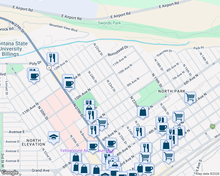 map of restaurants, bars, coffee shops, grocery stores, and more near 2305 9th Avenue North in Billings