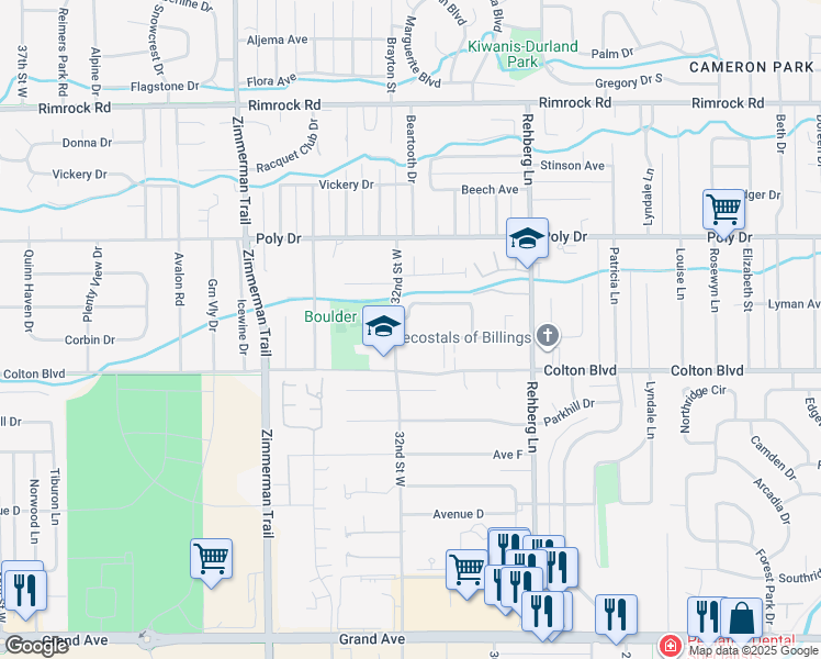 map of restaurants, bars, coffee shops, grocery stores, and more near 3145 Boulder Avenue in Billings