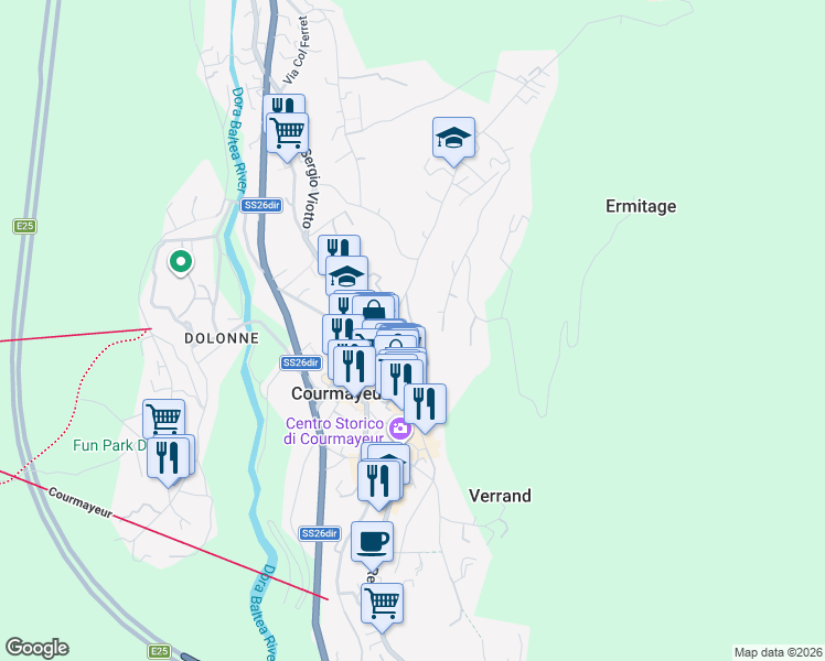 map of restaurants, bars, coffee shops, grocery stores, and more near 3 Via Roma in Courmayeur
