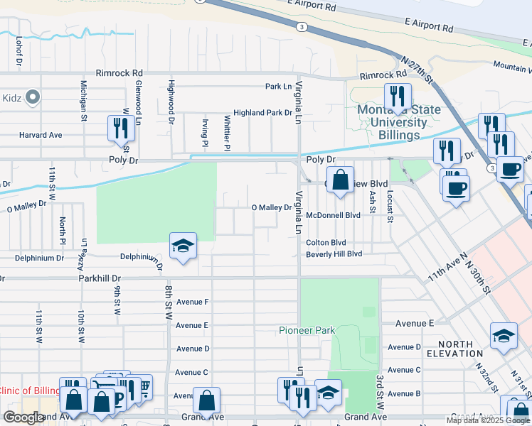 map of restaurants, bars, coffee shops, grocery stores, and more near 2225 Tree Lane in Billings