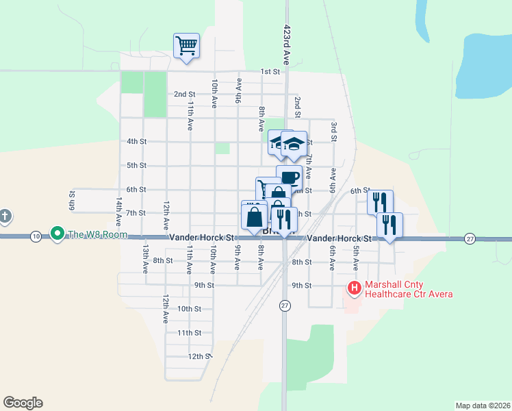 map of restaurants, bars, coffee shops, grocery stores, and more near 8th Ave in Britton