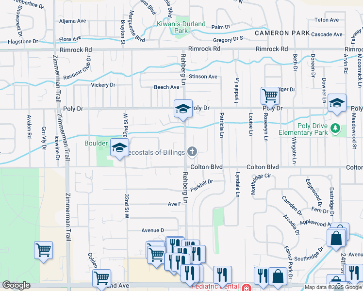 map of restaurants, bars, coffee shops, grocery stores, and more near 2222 Rehberg Lane in Billings