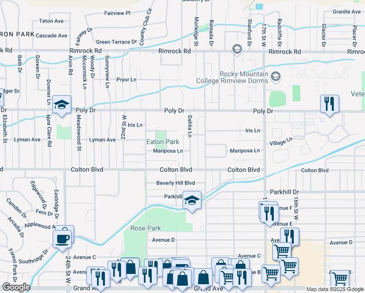 map of restaurants, bars, coffee shops, grocery stores, and more near 1943 Mariposa Ln in Billings