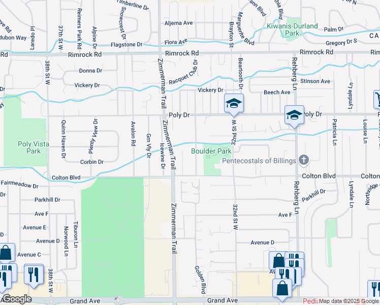 map of restaurants, bars, coffee shops, grocery stores, and more near 3318 Poly Dr in Billings