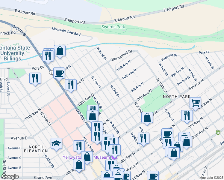 map of restaurants, bars, coffee shops, grocery stores, and more near 946 North 22nd Street in Billings
