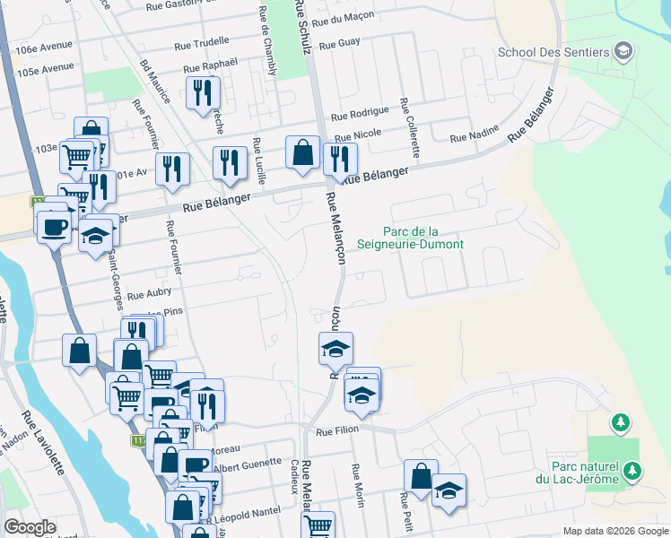map of restaurants, bars, coffee shops, grocery stores, and more near 980 Rue Melançon in Saint-Jã©Rã´Me