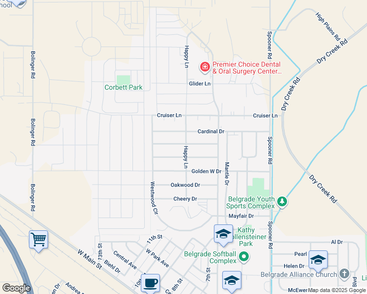 map of restaurants, bars, coffee shops, grocery stores, and more near 1100 Sunrise Drive in Belgrade