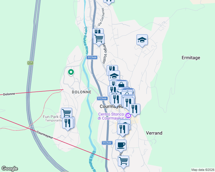map of restaurants, bars, coffee shops, grocery stores, and more near 58 Viale Monte Bianco in Courmayeur