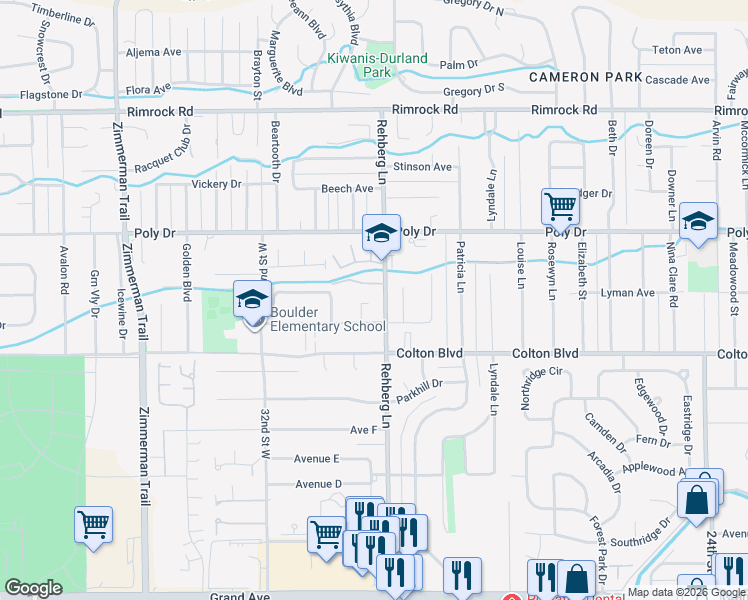 map of restaurants, bars, coffee shops, grocery stores, and more near 2316 Rehberg Lane in Billings