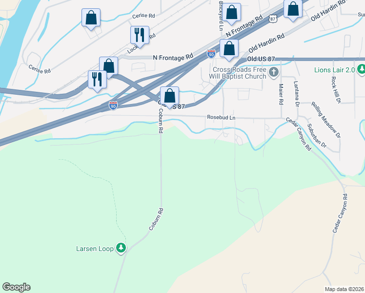 map of restaurants, bars, coffee shops, grocery stores, and more near 1328 Rosebud Lane in Billings