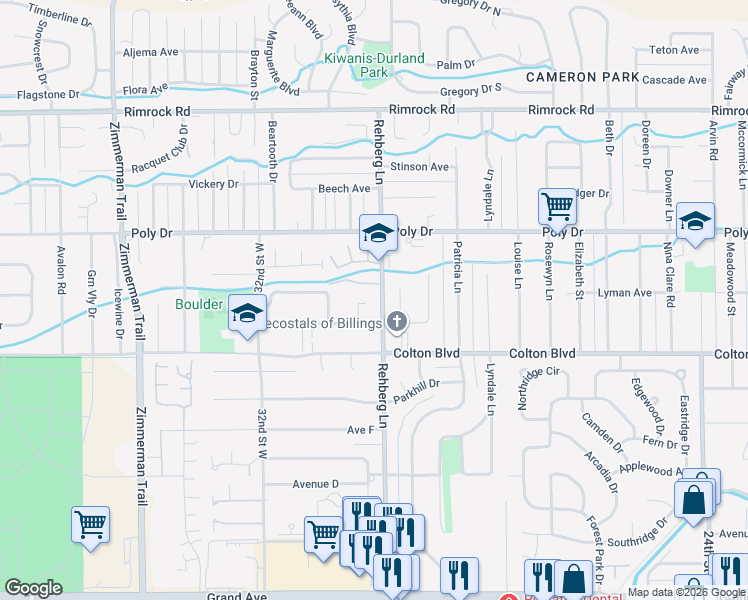 map of restaurants, bars, coffee shops, grocery stores, and more near 2308 Rehberg Lane in Billings