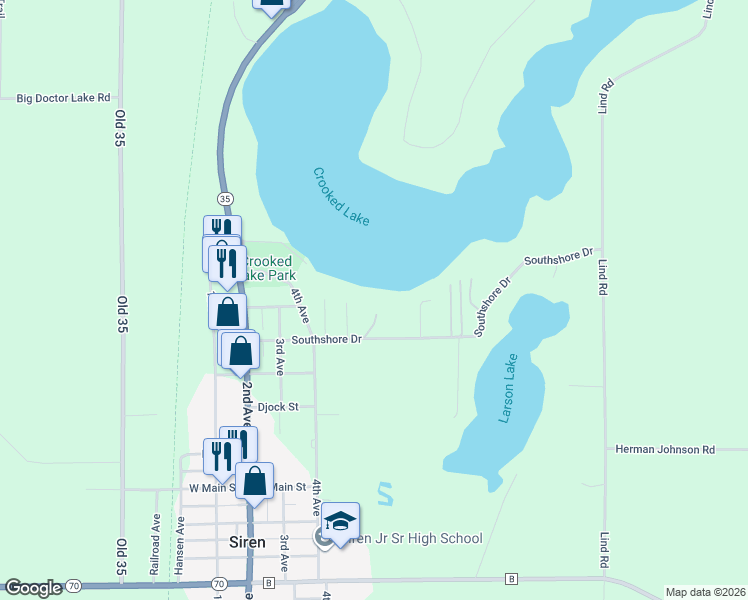 map of restaurants, bars, coffee shops, grocery stores, and more near 7632 Southshore Drive in Siren