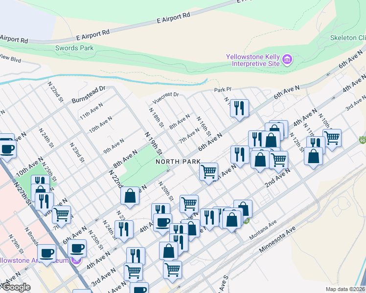 map of restaurants, bars, coffee shops, grocery stores, and more near 1705-1799 7th Ave N in Billings