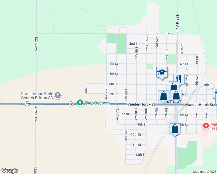 map of restaurants, bars, coffee shops, grocery stores, and more near 601 14th Avenue in Britton
