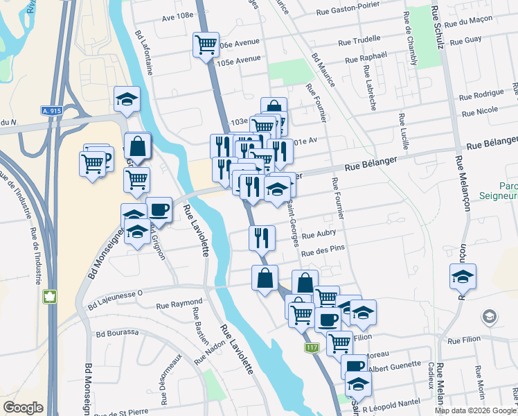 map of restaurants, bars, coffee shops, grocery stores, and more near 188 Rue de Sainte Paule in Saint-Jérôme