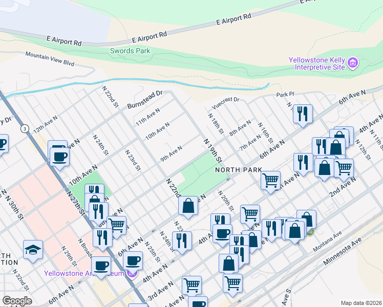 map of restaurants, bars, coffee shops, grocery stores, and more near 2006 9th Avenue North in Billings