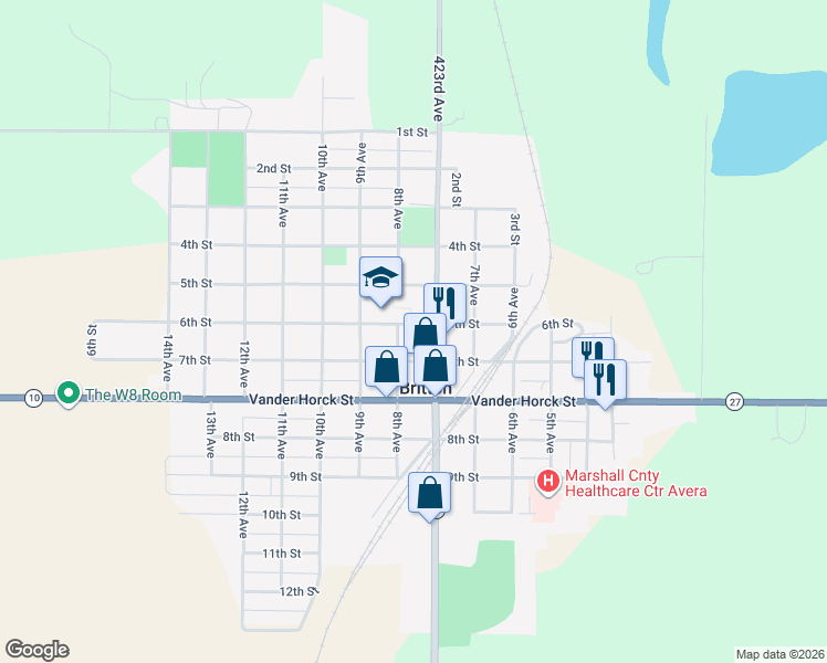 map of restaurants, bars, coffee shops, grocery stores, and more near 759 5th Street in Britton
