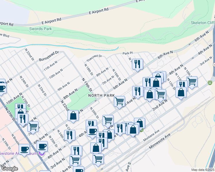map of restaurants, bars, coffee shops, grocery stores, and more near 1705 7th Avenue North in Billings