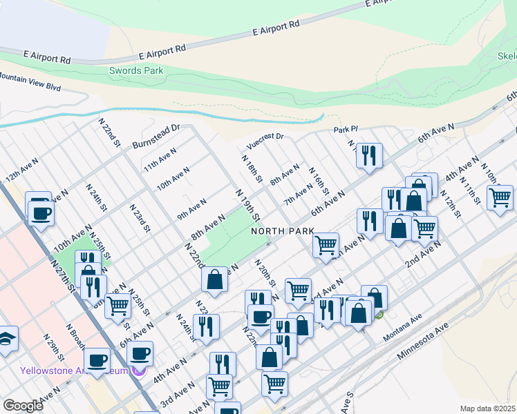 map of restaurants, bars, coffee shops, grocery stores, and more near 720 North 18th Street in Billings