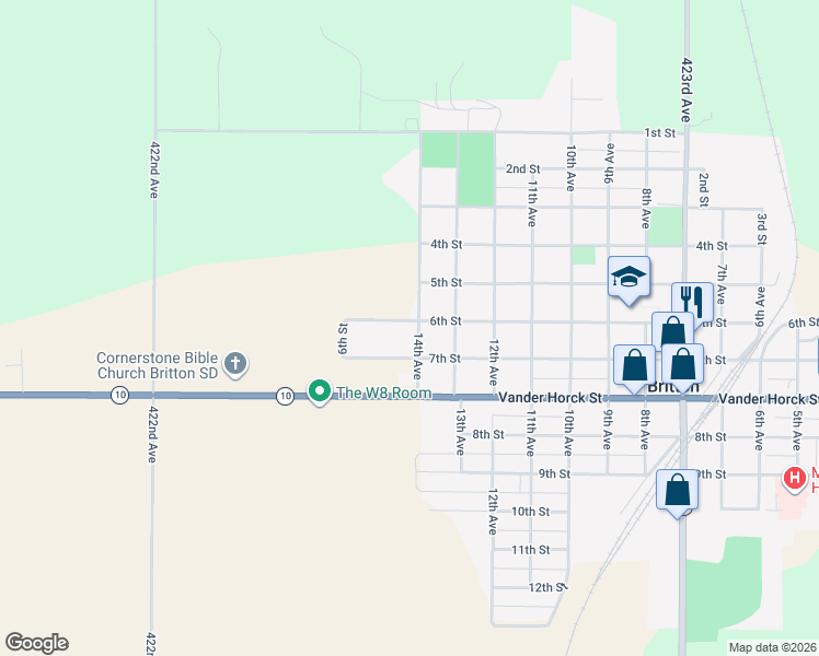 map of restaurants, bars, coffee shops, grocery stores, and more near 601 14th Avenue in Britton