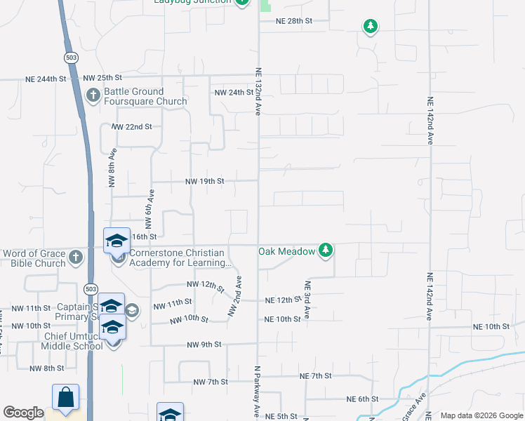map of restaurants, bars, coffee shops, grocery stores, and more near 11 Northeast 17th Street in Battle Ground