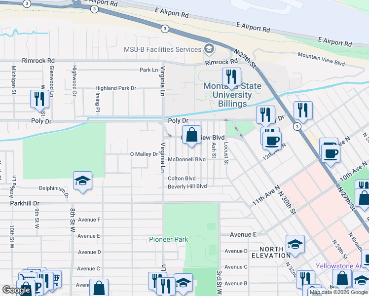 map of restaurants, bars, coffee shops, grocery stores, and more near 2323 Spruce Street in Billings