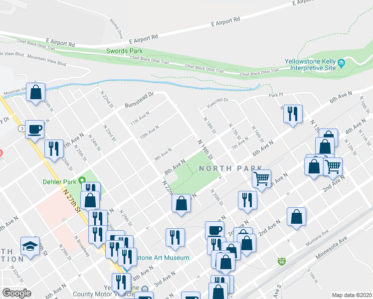 map of restaurants, bars, coffee shops, grocery stores, and more near 1923 8th Avenue North in Billings